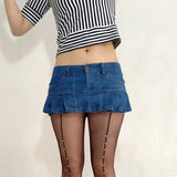 Sexy Women Fashion Pleated Micro Mini Jeans Skirt Pocket Stage Dance Skirt Low Rise Waist VintageTUTU Skirt Flounced Denim F55