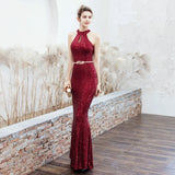 New Halter Neck Elegant Long Sequins Prom Dress Hollow Out Evening Party Dress