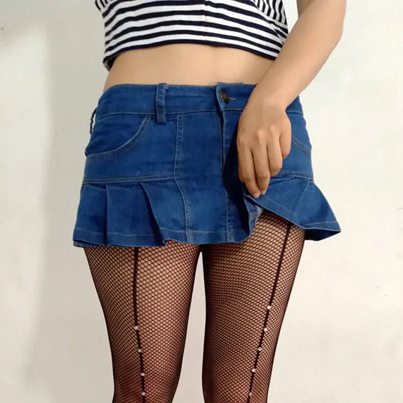 Sexy Women Fashion Pleated Micro Mini Jeans Skirt Pocket Stage Dance Skirt Low Rise Waist VintageTUTU Skirt Flounced Denim F55