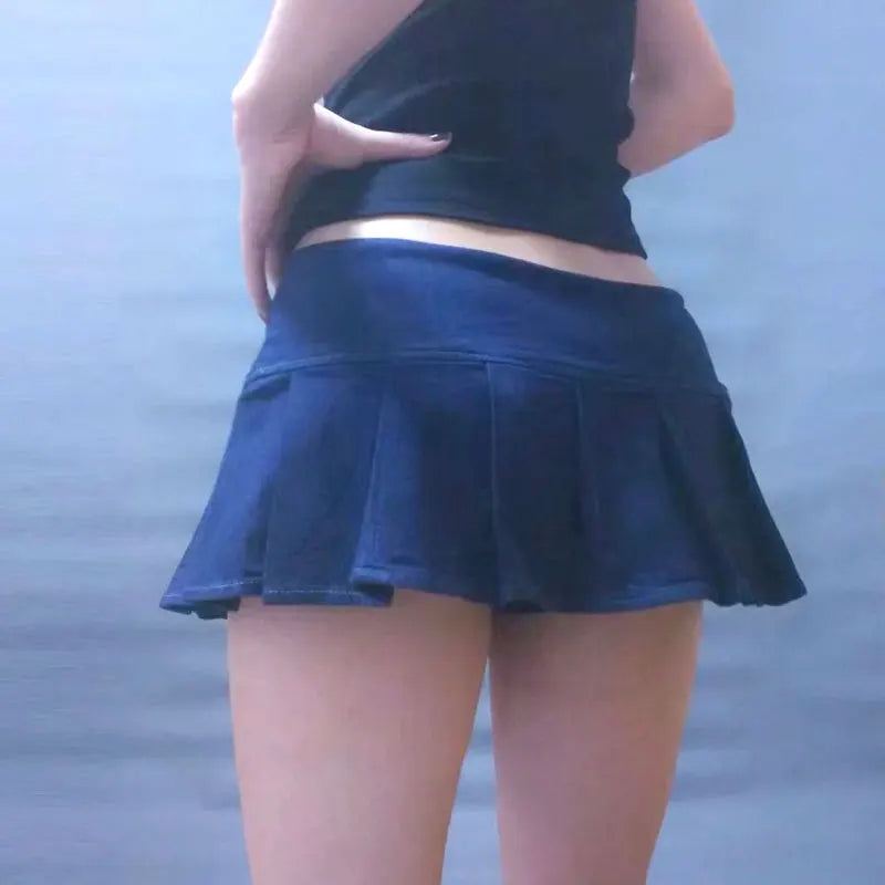 Sexy Women Fashion Pleated Micro Mini Jeans Skirt Button Stage Dance Skirt Low Rise Waist Open Crotch Skirt ShortDress F55