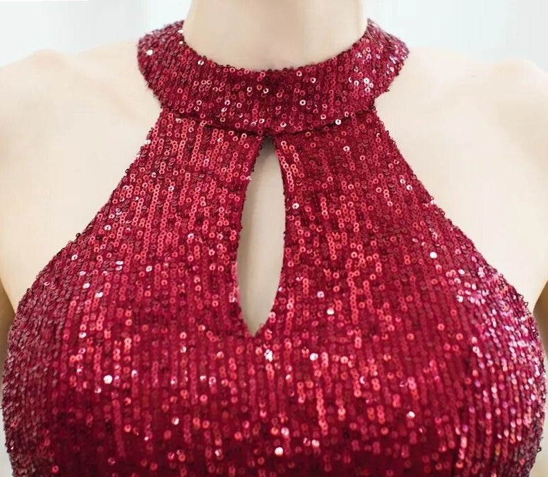 New Halter Neck Elegant Long Sequins Prom Dress Hollow Out Evening Party Dress
