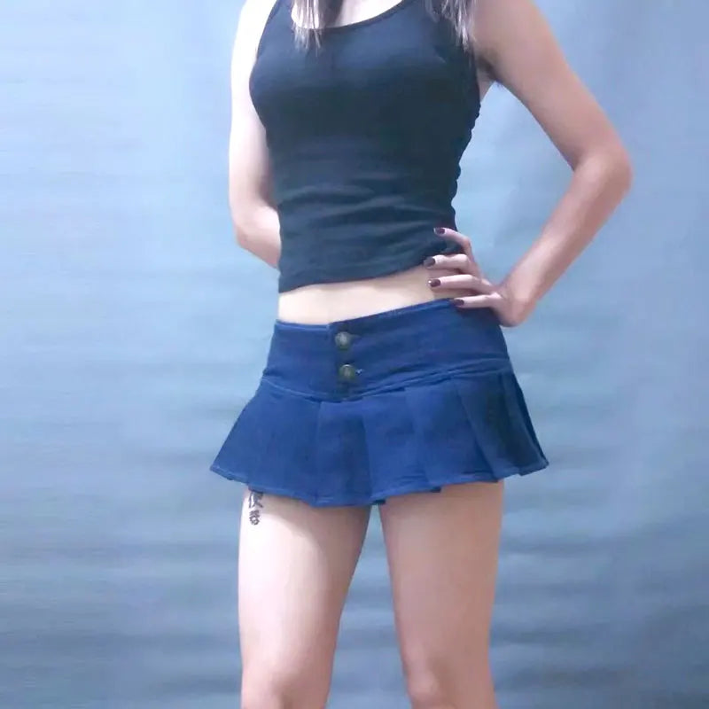 Sexy Women Fashion Pleated Micro Mini Jeans Skirt Button Stage Dance Skirt Low Rise Waist Open Crotch Skirt ShortDress F55