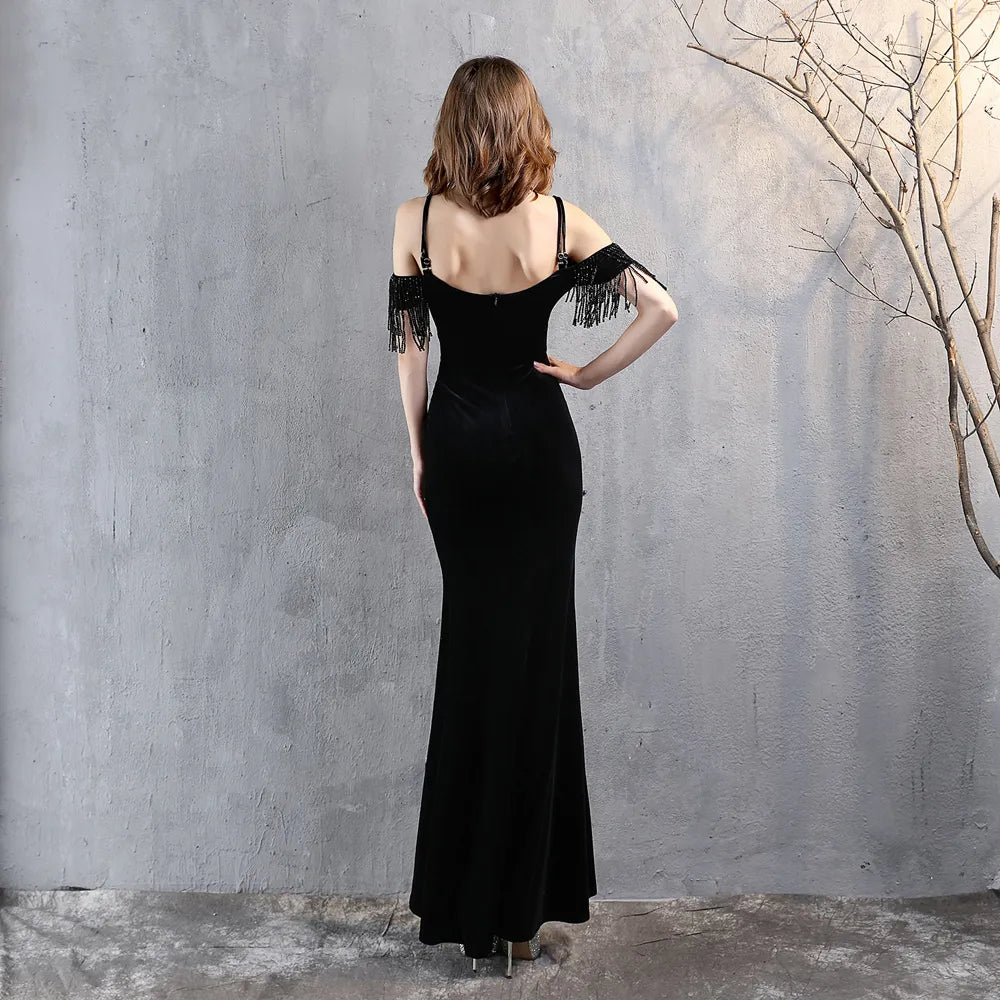 Velour Strap Green Sexy Slit Evening Women's Party Maxi Dress