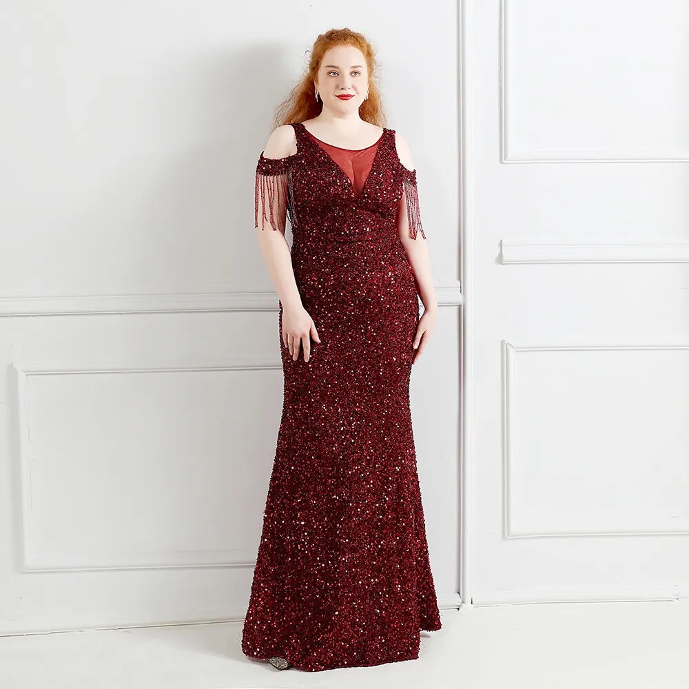 Plus Size Women New Off Shoulder Party Bodycon Maxi Dress Elegant V Neck Gold Sequin Evening Dress