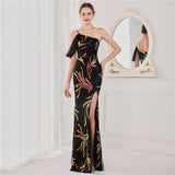 Women Black Elegant Off Shoulder Slit Sequin Evening Dress Beads Party Maxi Dress
