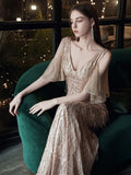 Elegant V Neck Long Sequin Evening Dress New Off Shoulder Evening Party Dress