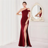 Women Sexy Slit Black New One Shoulder Soft Satin Party Maxi Dress Evening Dress Long Prom Dress