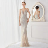 Sexy V Neck Evening Dress Blue Sequin Long Prom Dress Women Strap Party Maxi Dress