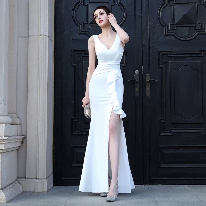 Pink Soft Satin V Neck Slit Prom Dress Women Party Maxi Dress Elegant Pleat Long Evening Dress