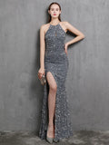 Women Slit Sexy Party Maxi Dress Off Shoulder Sequin Evening Dress