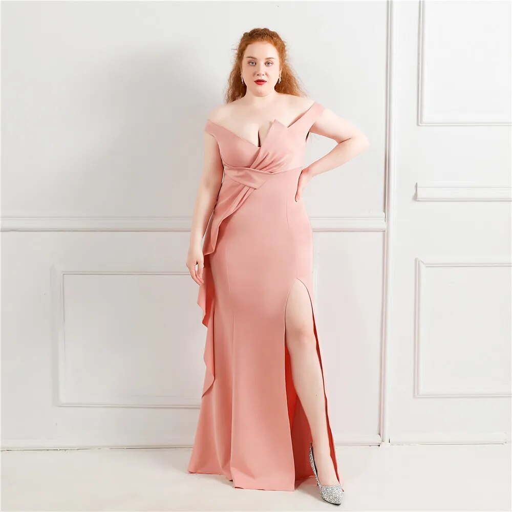 Plus Size Elegant Green Women Party Dress Slit Long Prom Dress Off Shoulder Soft Satin Pleat Long Evening Dress