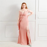 Plus Size Elegant Green Women Party Dress Slit Long Prom Dress Off Shoulder Soft Satin Pleat Long Evening Dress
