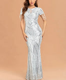 Elegant Short Sleeve Beaded Party Bodycon Maxi Dress Women White Silver Sequin Evening Dress