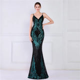 Women Strap Party Maxi Dress Sexy V Neck Evening Dress Green Sequin Long Prom Dress