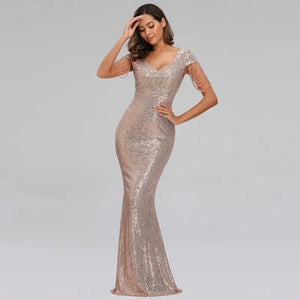 New Women Sequin Evening Dress Elegant V Neck Beaded Party Bodycon Maxi Dress