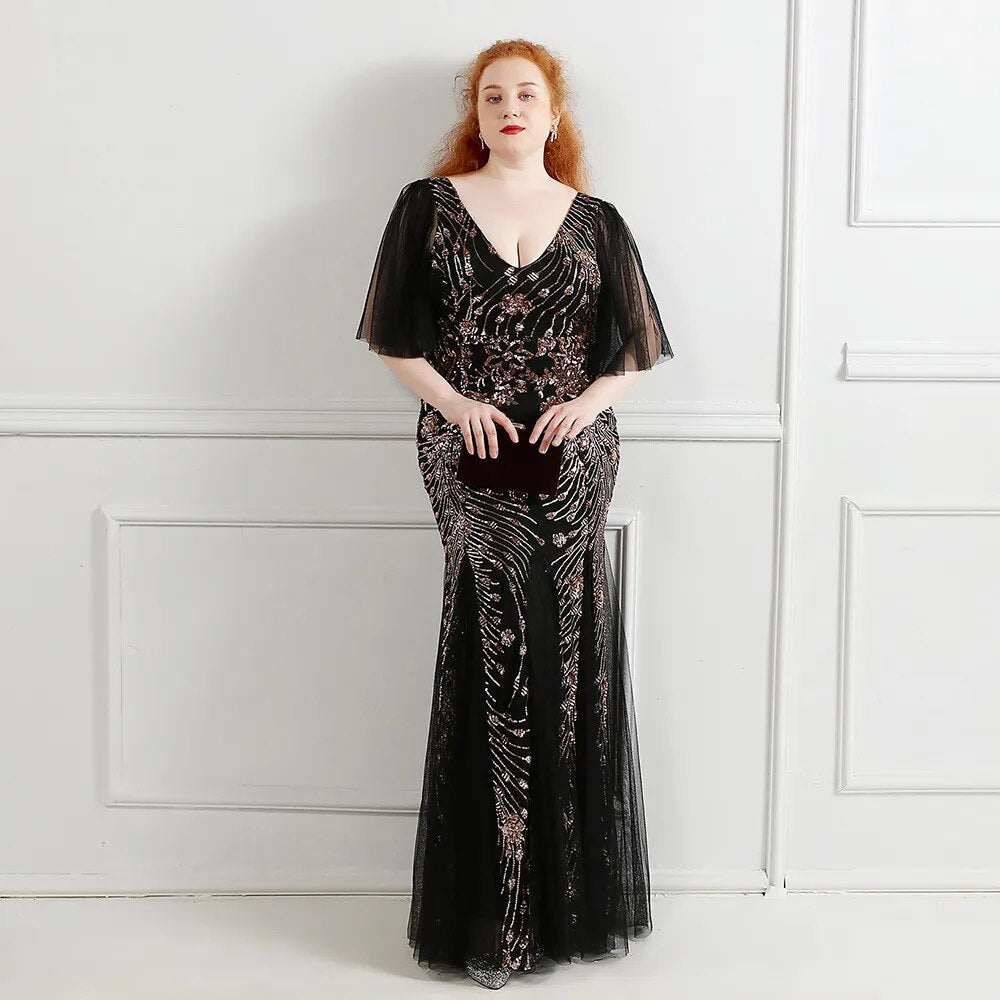 PLUS Size Black Gold V Neck Party Dress Women Short Sleeve Elegant Sequin Evening Long Prom Dress