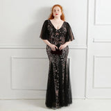 PLUS Size Black Gold V Neck Party Dress Women Short Sleeve Elegant Sequin Evening Long Prom Dress