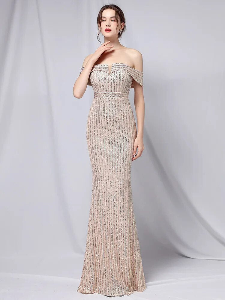 Elegant Off Shoulder Party Maxi Dress Boat Neck Gold Sequin Evening Dress Women Wedding Long Prom Dress