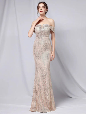 Elegant Off Shoulder Party Maxi Dress Boat Neck Gold Sequin Evening Dress Women Wedding Long Prom Dress