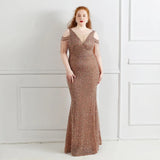 Plus Size Women New Off Shoulder Party Bodycon Maxi Dress Elegant V Neck Gold Sequin Evening Dress