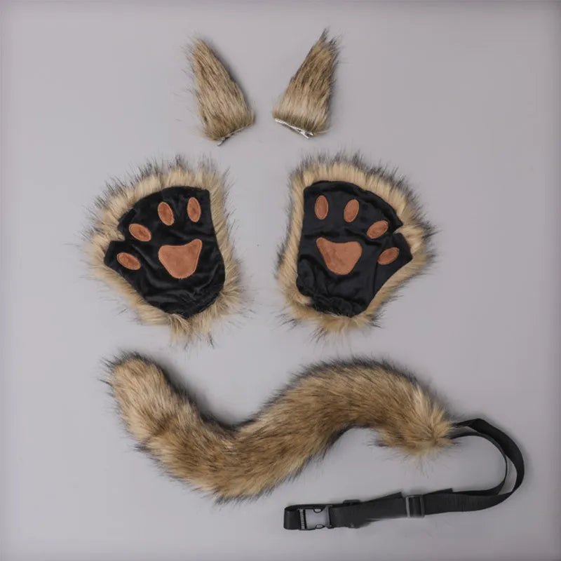 Fox Costume Set Fox Ears Tail Paw Gloves Animal Fancy Costume Kit Accessories for Adults Halloween Cosplay Costumes