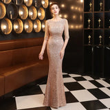 Elegant Maxi Dress Gold Sequin Evening Dress Women Formal Long Sleeve Beads Party Prom Dress