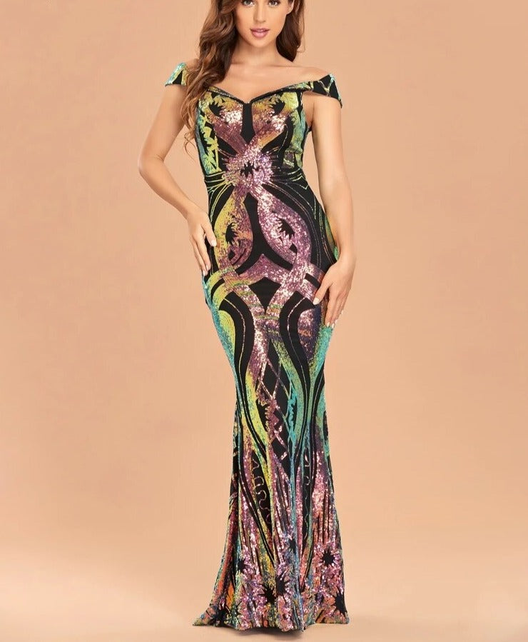 New Women Party Maxi Dress Elegant Off Shoulder Black Gold Sequin Evening Dress