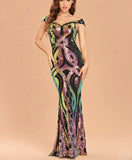 New Women Party Maxi Dress Elegant Off Shoulder Black Gold Sequin Evening Dress