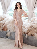 Elegant Maxi Dress Gold Sequin Evening Dress Women Formal Long Sleeve Party Dress