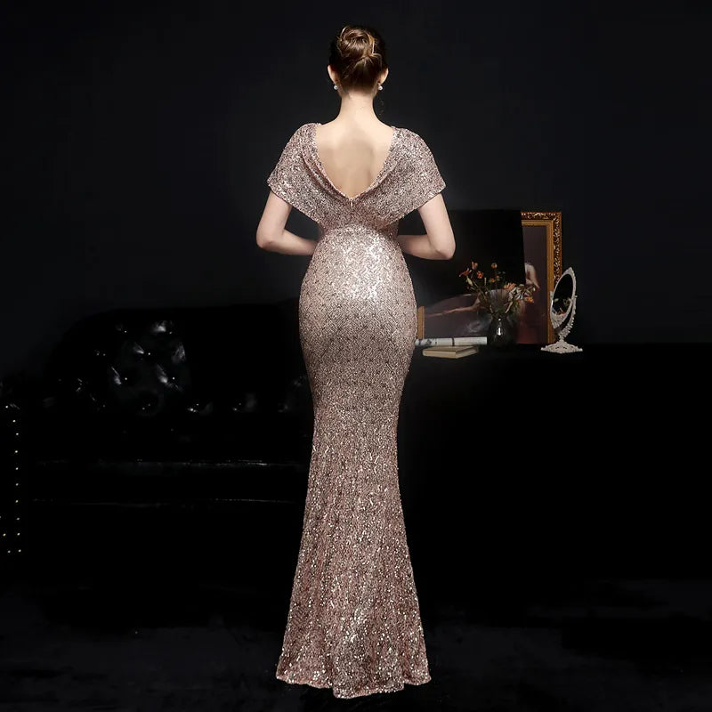 Women Gold Sequin V Neck Beaded Party Maxi Dress Elegant Evening Dress