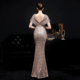Women Gold Sequin V Neck Beaded Party Maxi Dress Elegant Evening Dress