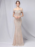 Elegant Off Shoulder Party Maxi Dress Boat Neck Gold Sequin Evening Dress Women Wedding Long Prom Dress