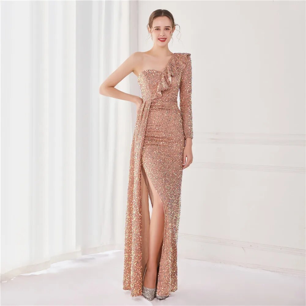 Women Light Blue Sequin Party One Shoulder Ruffles Evening Dress Maxi Sexy Side Split Long Dress