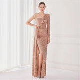 Women Light Blue Sequin Party One Shoulder Ruffles Evening Dress Maxi Sexy Side Split Long Dress