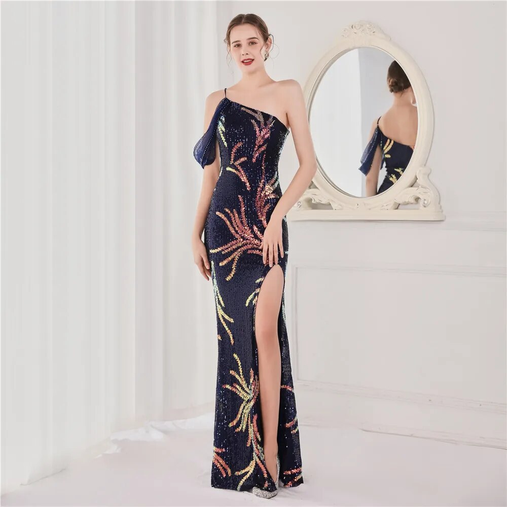 Women Black Elegant Off Shoulder Slit Sequin Evening Dress Beads Party Maxi Dress