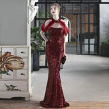 Elegant Halter Neck Evening Dress Burgundy Sequin Beads Dress For Women Party Long Prom Dress