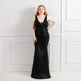 Plus Size Deep V Neck Gold Sequin Evening Dress Women Sexy Party Maxi Dress Long Prom Dress