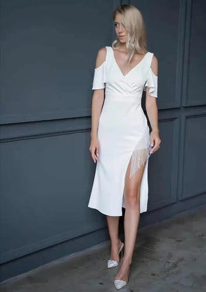 Sexy Beading Short Prom Dress Off Shoulder White Party Dress Soft Satin Evening Dress