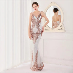 Women Strap Party Maxi Dress Sexy V Neck Evening Dress Gold Sequin Long Prom Dress