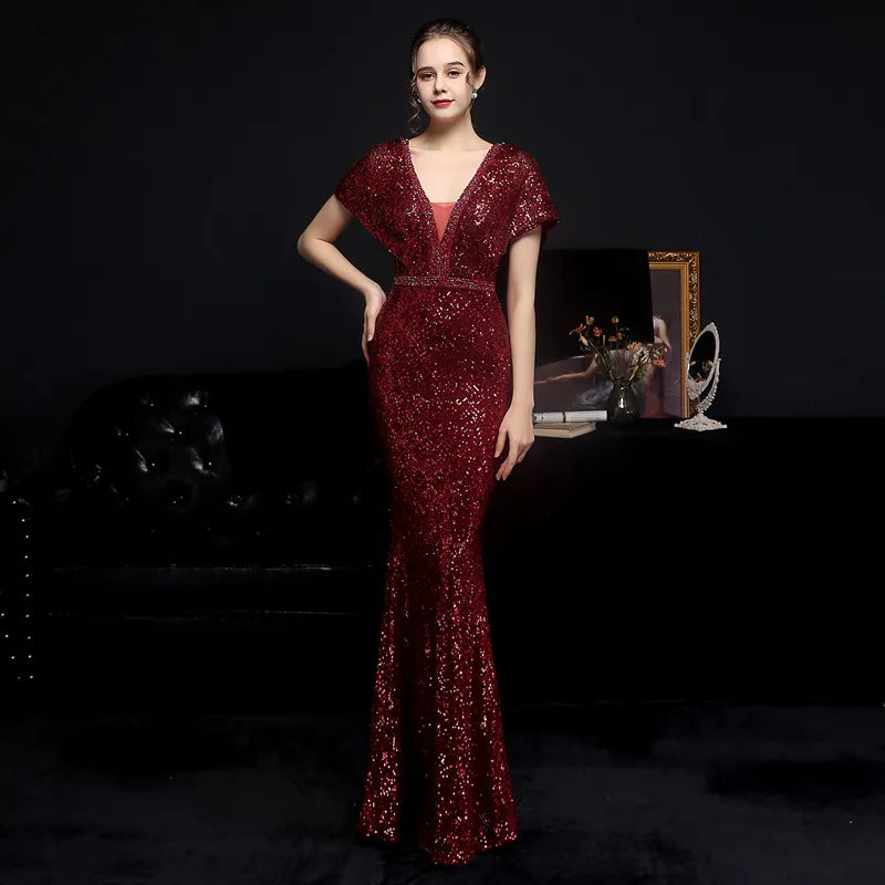 Women Gold Sequin V Neck Beaded Party Maxi Dress Elegant Evening Dress