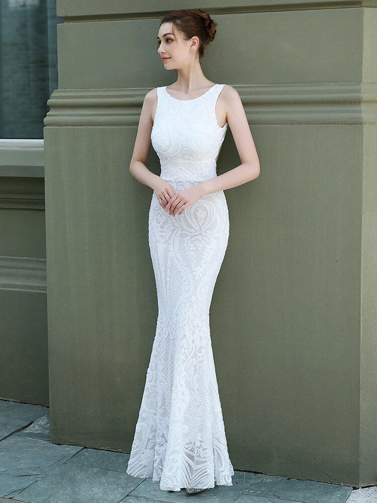 Sexy Backless White Sequin Evening Dress New Women Party Bodycon Maxi Dress