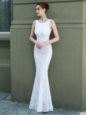 Sexy Backless White Sequin Evening Dress New Women Party Bodycon Maxi Dress