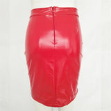 Fashion Pencil High Waist Pu Leather Skirts Women Stitching Zipper Streetwear Black Red Knee-Length Shiny Elastic Bottom