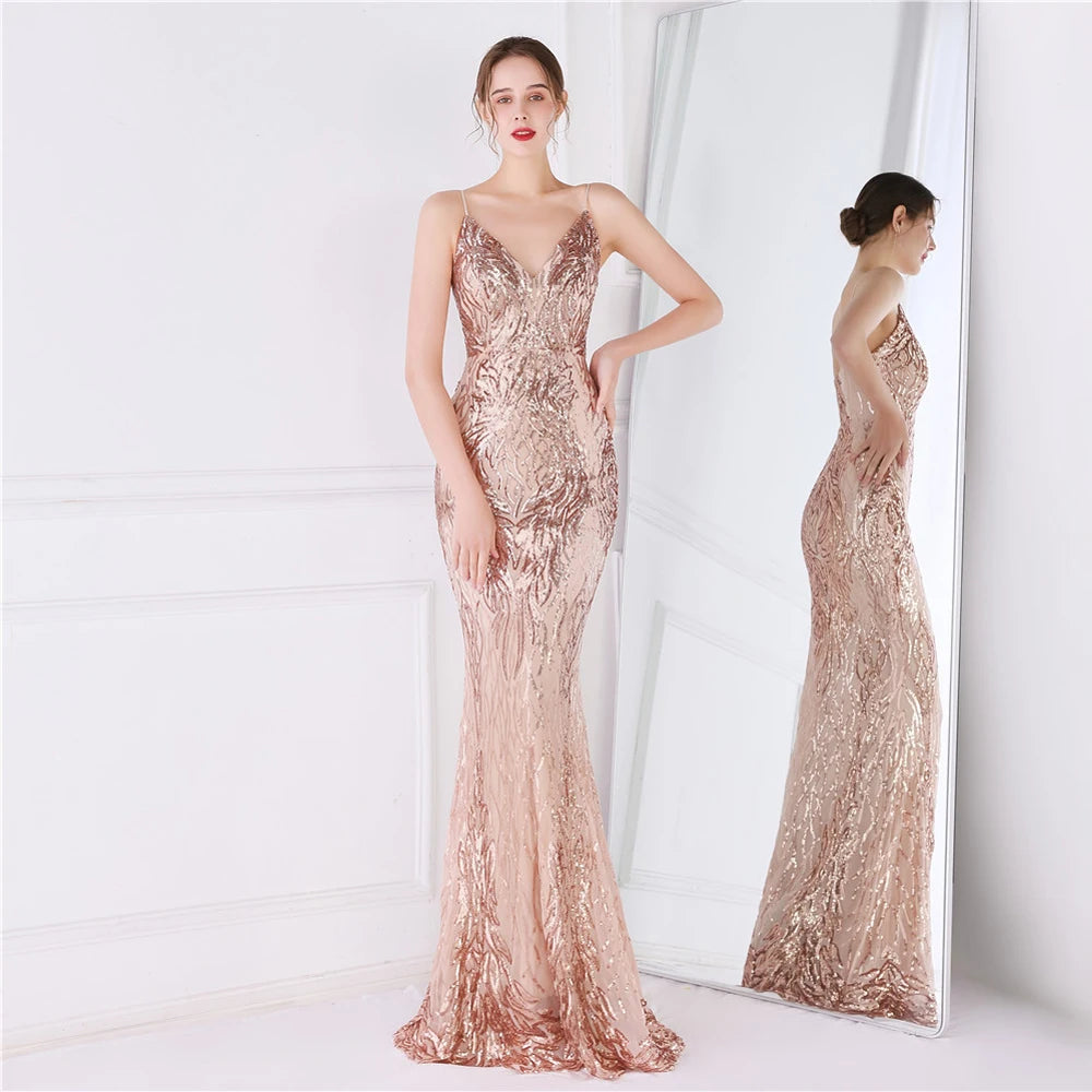 Women Strap Party Maxi Dress Sexy V Neck Evening Dress Gold Sequin Long Prom Dress
