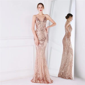 Women Strap Party Maxi Dress Sexy V Neck Evening Dress Gold Sequin Long Prom Dress