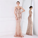 Women Strap Party Maxi Dress Sexy V Neck Evening Dress Gold Sequin Long Prom Dress