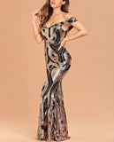 New Women Party Maxi Dress Elegant Off Shoulder Black Gold Sequin Evening Dress