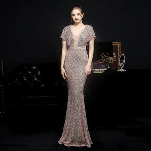 Women Gold Sequin V Neck Beaded Party Maxi Dress Elegant Evening Dress