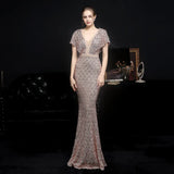 Women Gold Sequin V Neck Beaded Party Maxi Dress Elegant Evening Dress