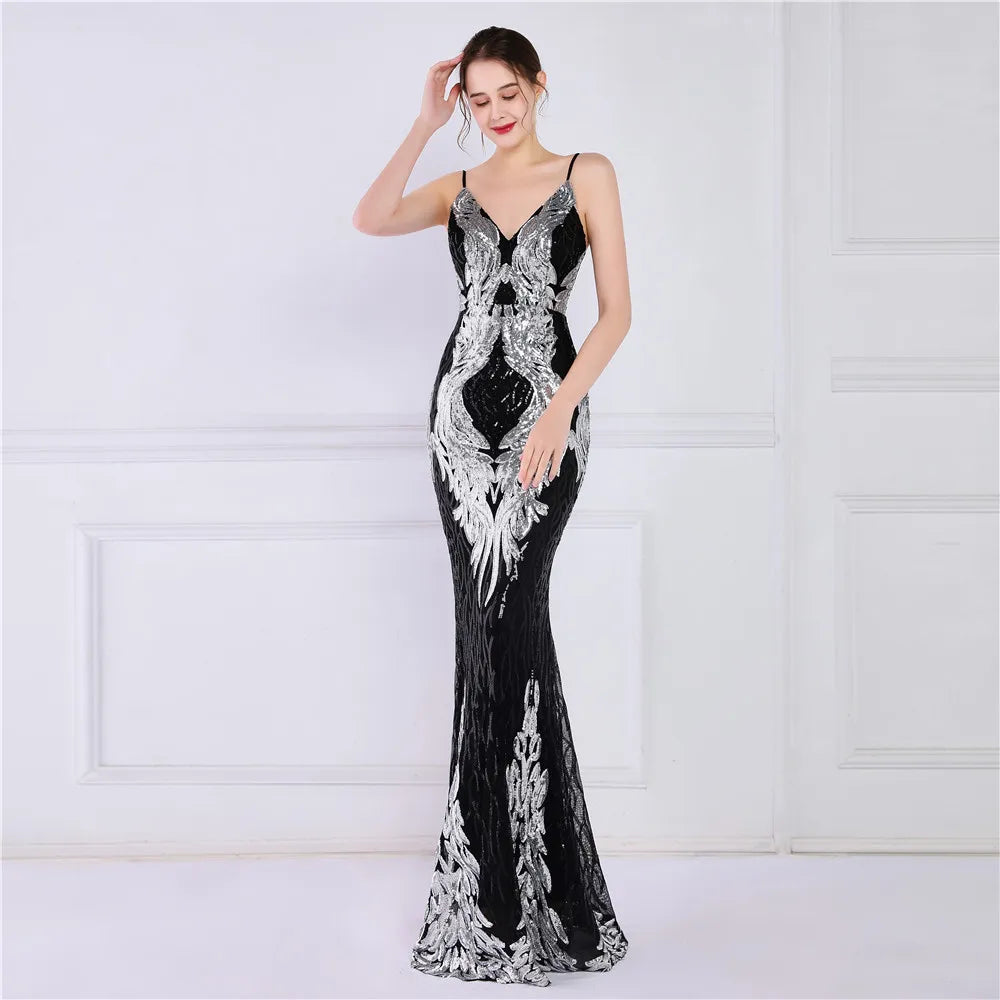 Women Strap Party Maxi Dress Sexy V Neck Evening Dress Gold Sequin Long Prom Dress